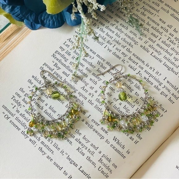 Peridot & Citrine Hollow Out Round Beaded Fringe Drop Dangle Earrings - Picture 4 of 4